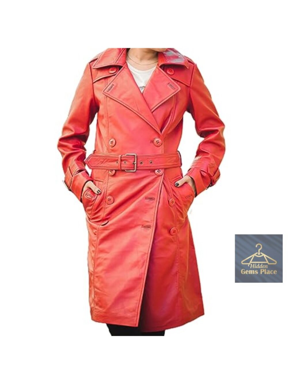 Women's Real Lambskin Napa Leather Double Breasted Trench Coat Long Belted